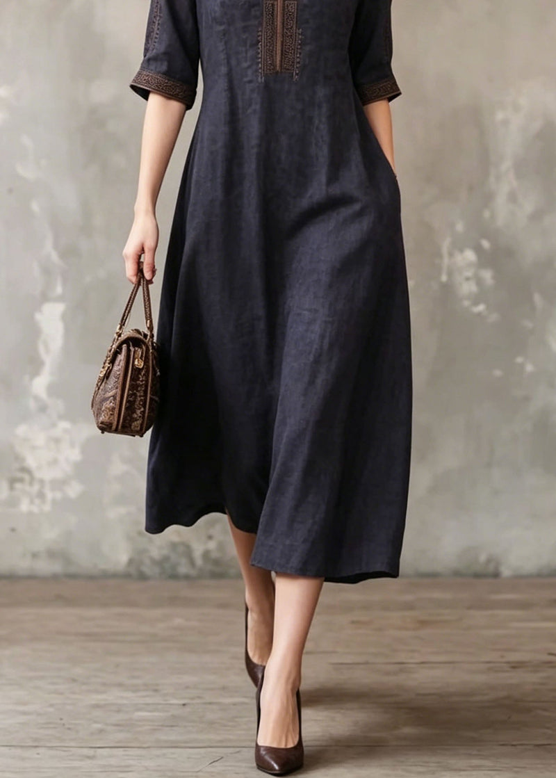 Black O-neck Embroidered Silk Dress Summer