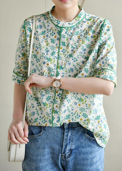 Short Sleeve Green Print Cotton Blouses