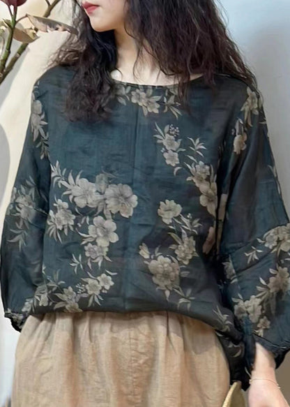 Loose Orange O-neck Print Linen T Shirt Spring