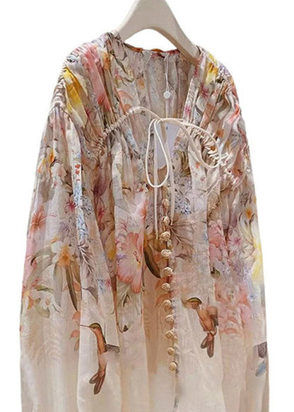 Print Wrinkled Tie Linen Shirts Spring