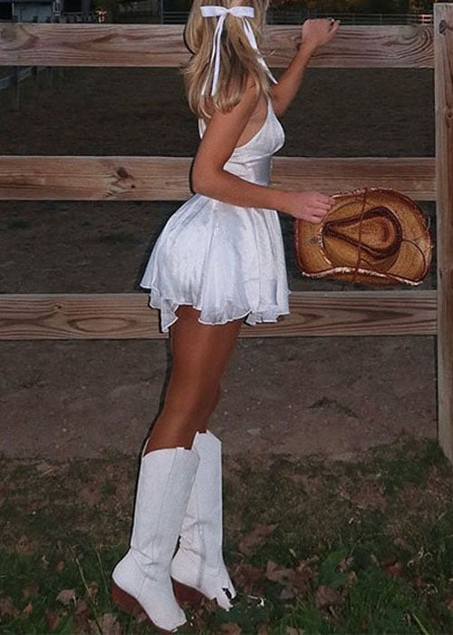 New White Backless Lace Up Cotton Mini Dresses Sleeveless