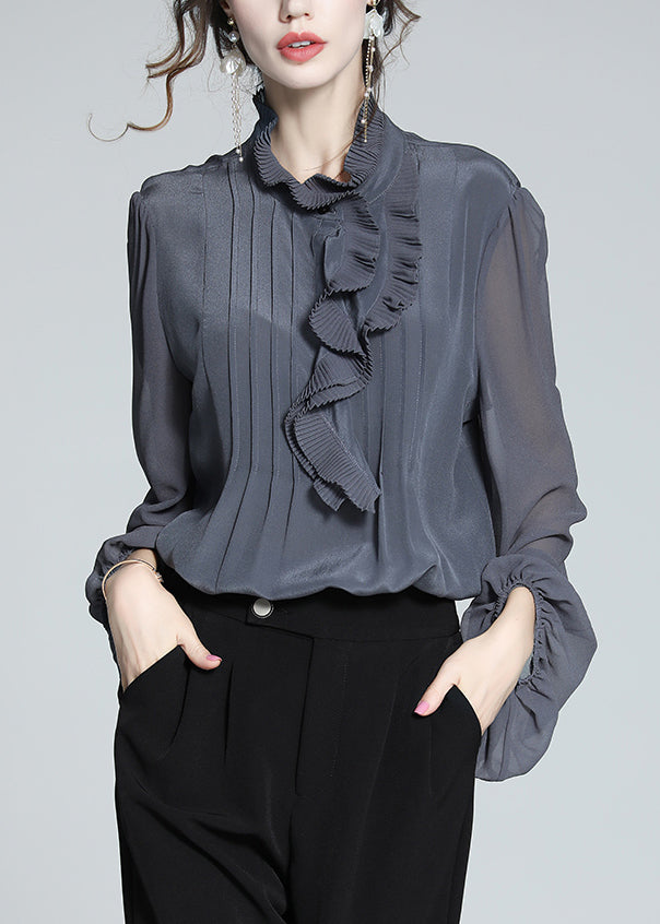 Italian Grey Ruffled Silk Blouses Fall