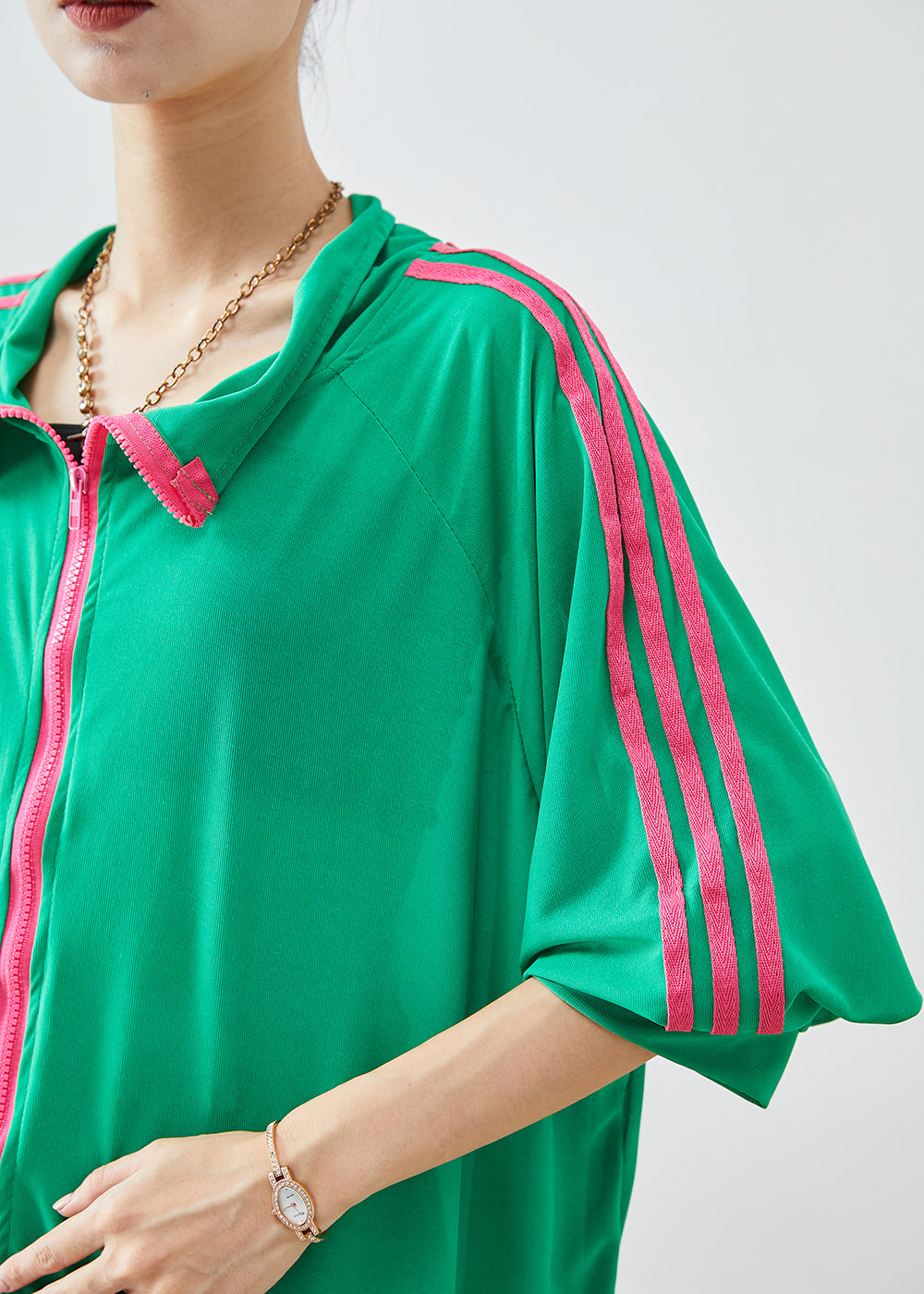 Green Oversized Zippered Spandex Sweatshirt Coats Fall
