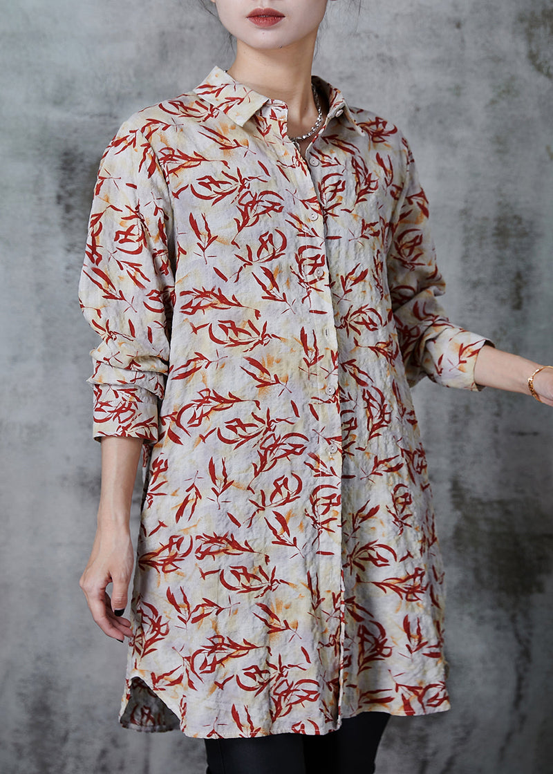 Apricot Peter Pan Collar Print Linen Long Shirts Summer