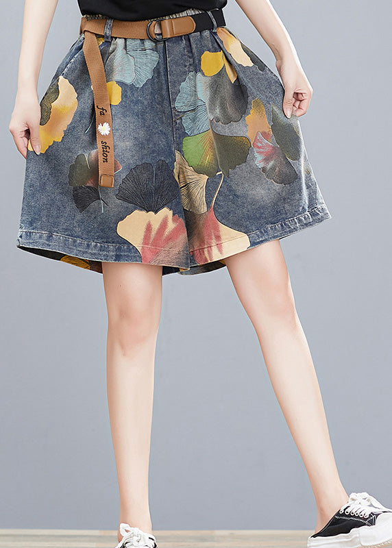 Print Elastic Waist Sashes Denim Shorts Summer