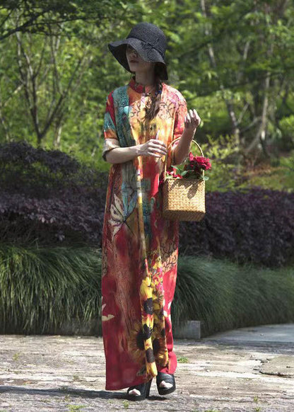 Original Stand Collar Print Linen Long Dresses Spring