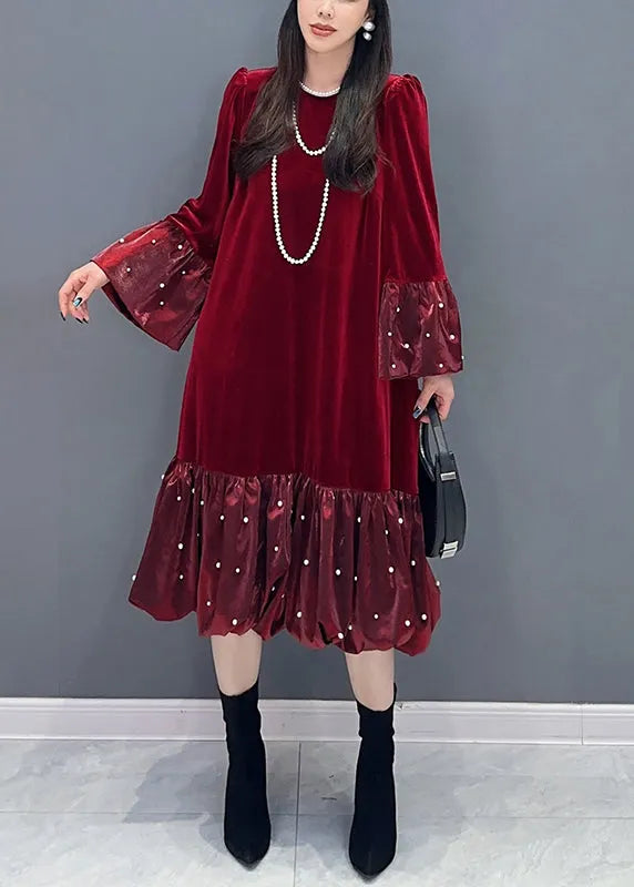 French Red Wrinkled Zircon Patchwork Silk Velour Dress Spring
