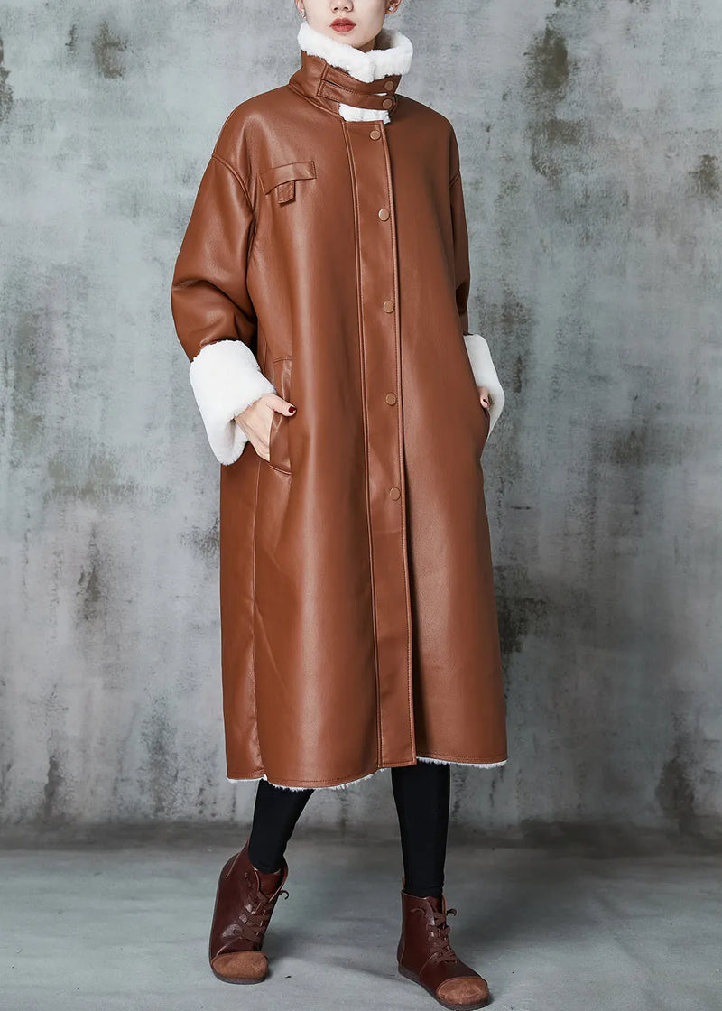 Italian Brown Oversized Warm Leather and Fur Trench Coats Spring