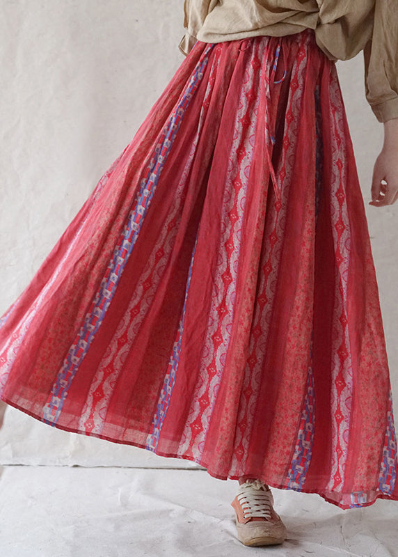 Red Elastic Waist Pocket Print Linen Beach Skirt Spring
