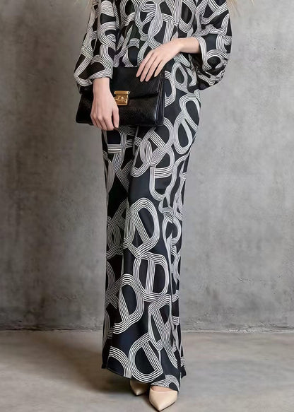 Black V Neck Print Silk Long Dress Batwing Sleeve