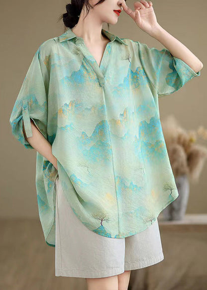 Blue Oversized Print Chiffon Shirts Summer
