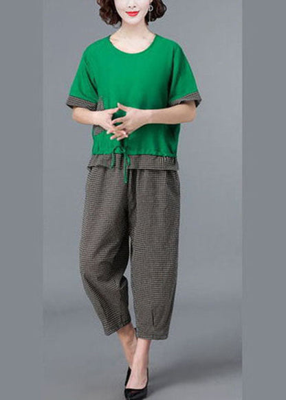 Style Green Asymmetrical Design Patchwork Linen Tops and Harem Pants Two Pieces Set Short Sleeve