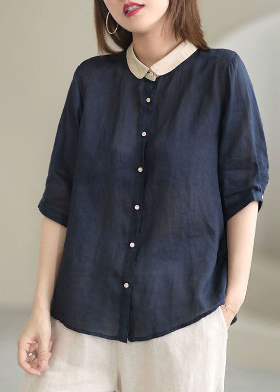 Navy Peter Pan Collar Button Loose Fall Half Sleeve Shirt Tops