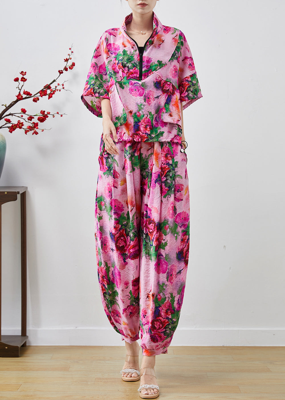 Diy Purple Zip Up Print Chiffon Sweatshirt Two Pieces Set Summer