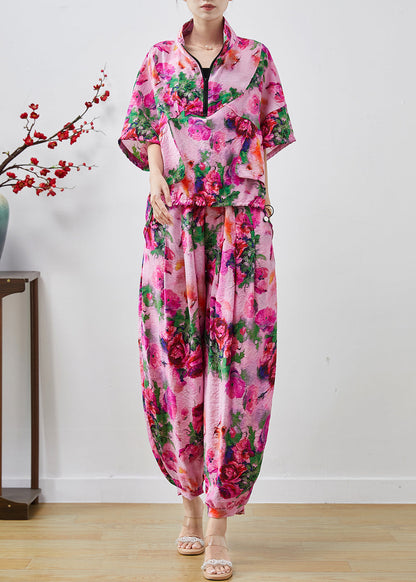 Diy Purple Zip Up Print Chiffon Sweatshirt Two Pieces Set Summer