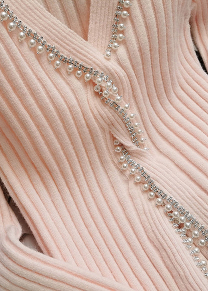 Pink V Neck Nail Bead Silm Fit Knit Sweaters Winter