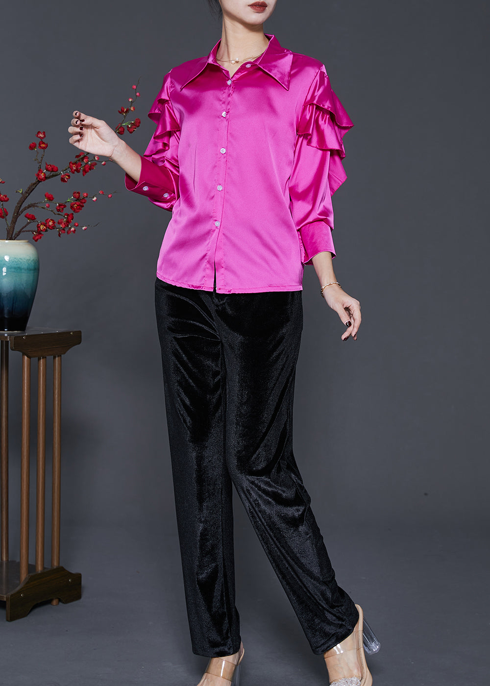 Rose Silm Fit Silk Two Pieces Set Butterfly Sleeve
