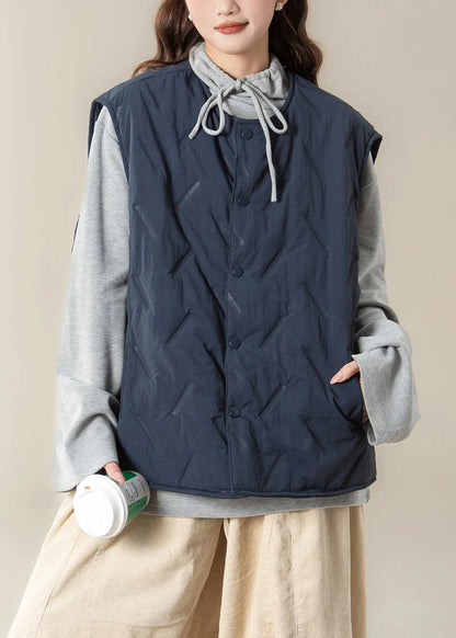 Simple Navy Button Pockets Cotton Filled Waistcoat Sleeveless