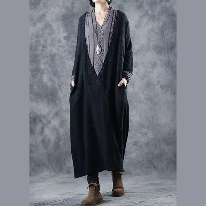 Black Grey V Neck Pockets Patchwork Fall Knit Long Sleeve Dress