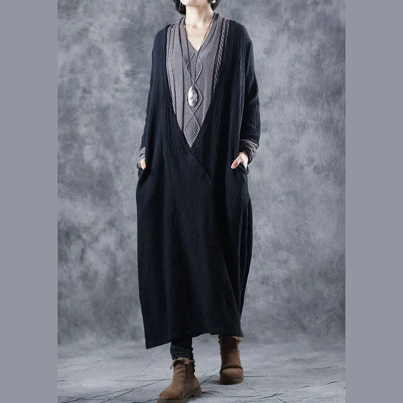 Black Grey V Neck Pockets Patchwork Fall Knit Long Sleeve Dress