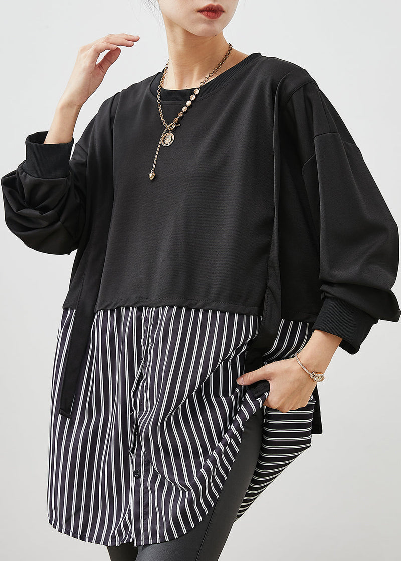 Black Oversized Patchwork Striped Cotton Sweatshirt Spring