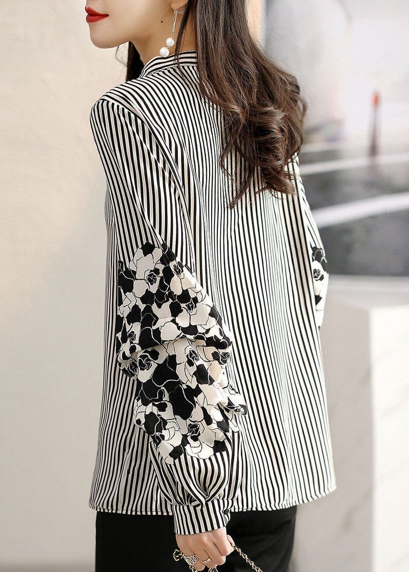 Handmade Black Striped Stand Collar Patchwork Print Chiffon Shirt Long Sleeve Fall