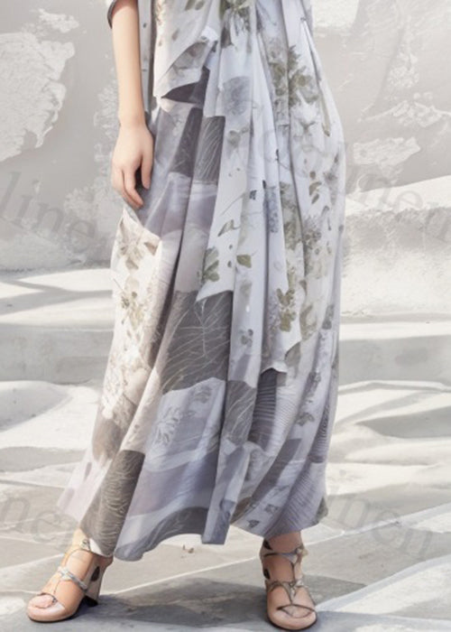 Loose Light Grey V Neck Print Silk Long Dress Short Sleeve