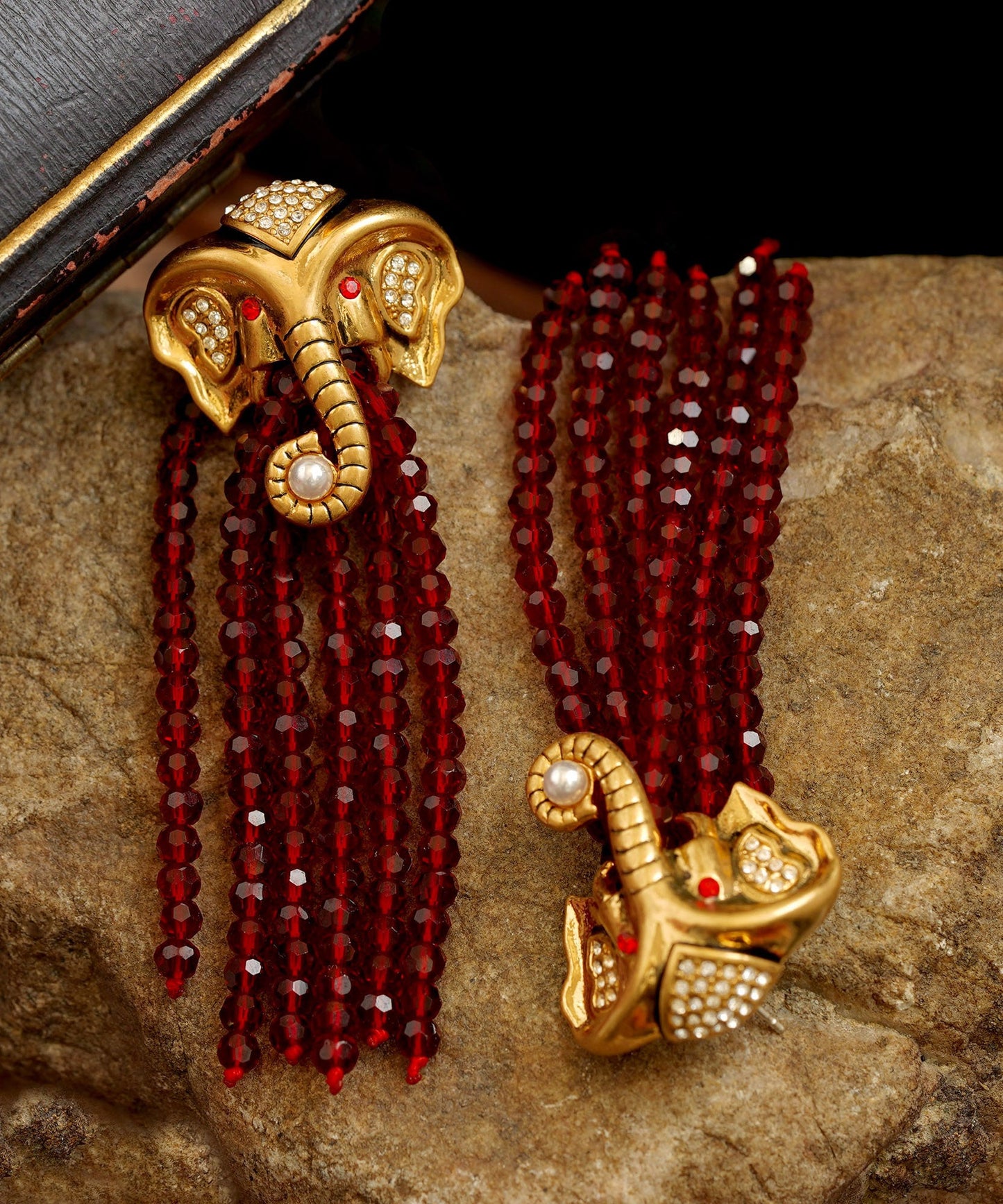 Red Copper 14k Gold Elephant Pearl Tassel Drop Earrings