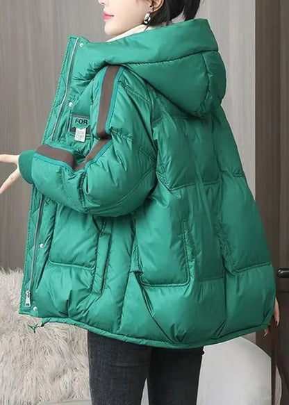 Green Zip Up Pockets Fine Cotton Filled Hooded Jackets Winter