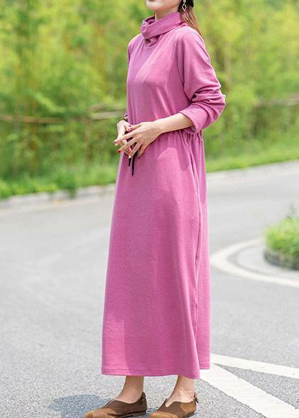 High Neck Drawstring Spring Tunics Design Pink Robe Dress