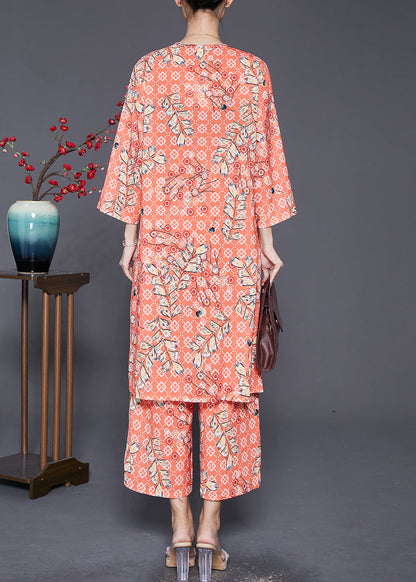 Orange V Neck Pring Cotton Two Piece Suit Set Fall
