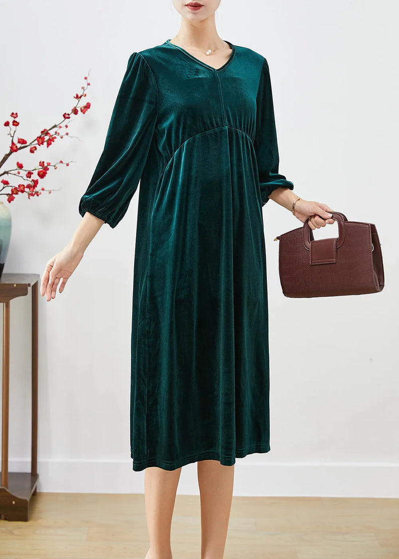 Peacock Green Oversized Patchwork Silk Velour Holiday Dress Lantern Sleeve
