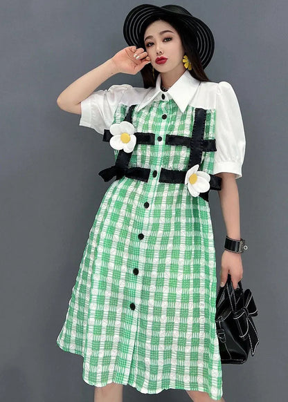 Modern Green Plaid Peter Pan Collar Patchwork Maxi Dress Short Sleeve