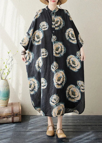 Black Stand Collar Print Long Dress Long Sleeve