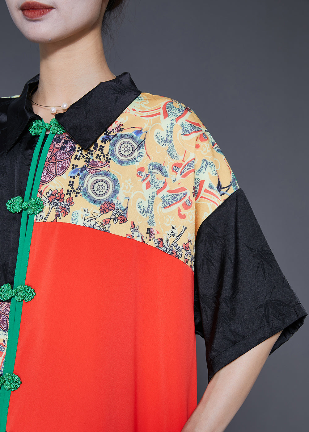 Black Print Patchwork Low High Design Silk Two Pieces Set Summer
