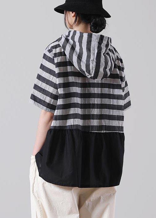 Black Striped Patchwork Cotton Linen Blouses Summer