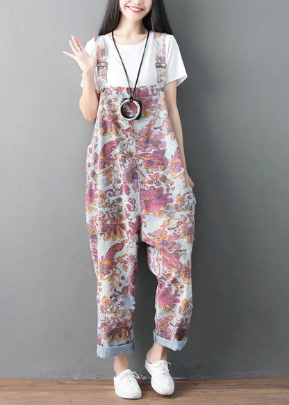 Modern Pockets Print Ripped Denim Jumpsuit Spring