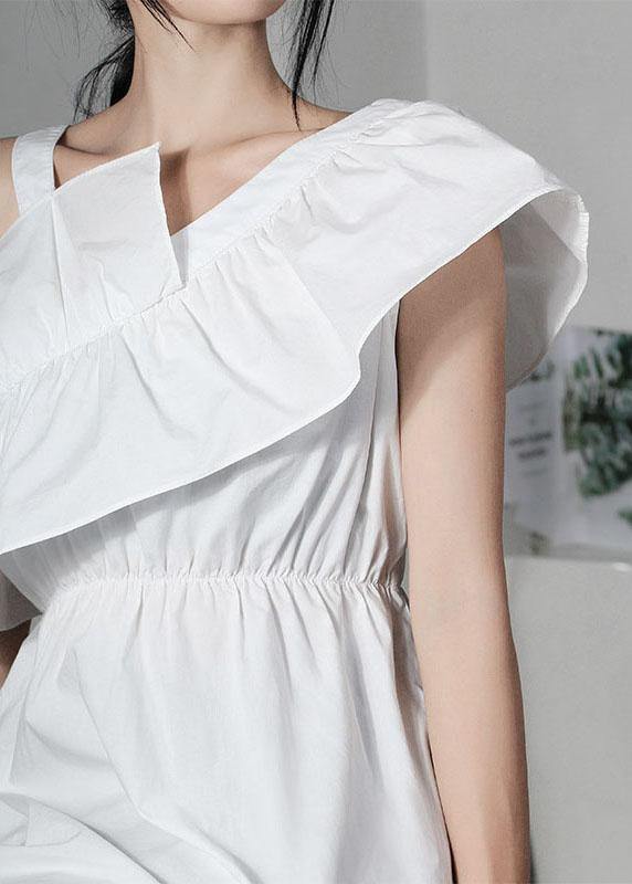 White Asymmetrical Design Cold Shoulder Ruffles Summer Shirt Top