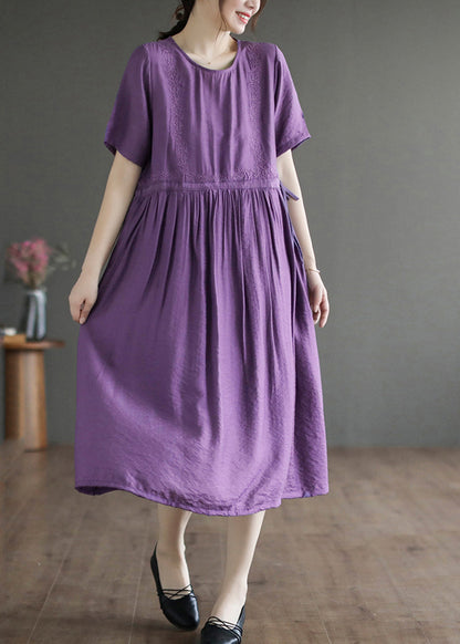 Classy Purple O-neck Embroideried Cotton Dress Summer