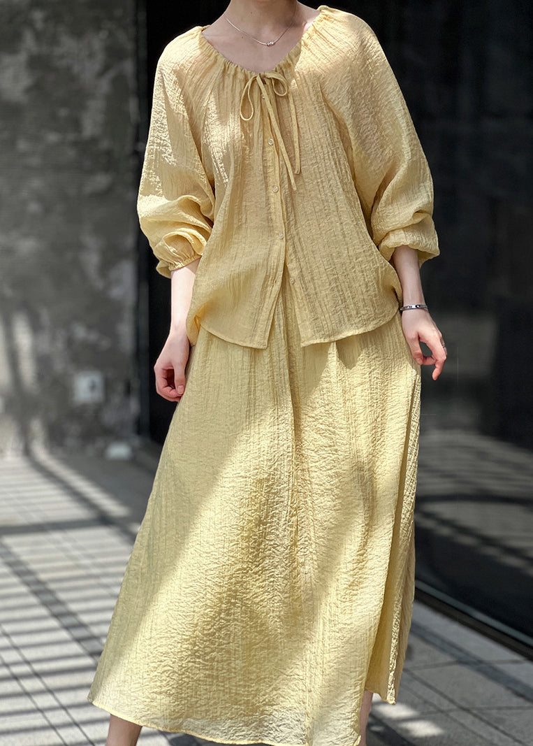 Loose Yellow Wrinkled Lace Up Silk Two Pieces Set Fall