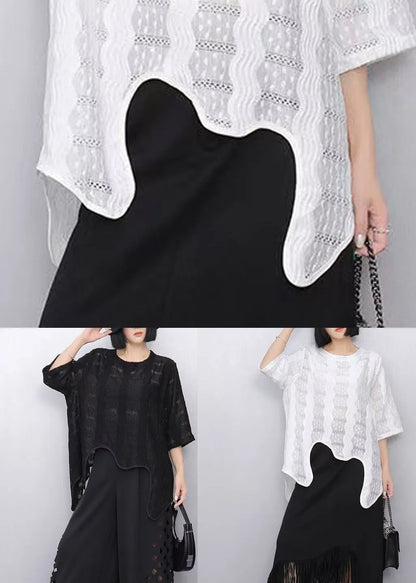 White Asymmetrical Hollow Out Cotton Tops Summer