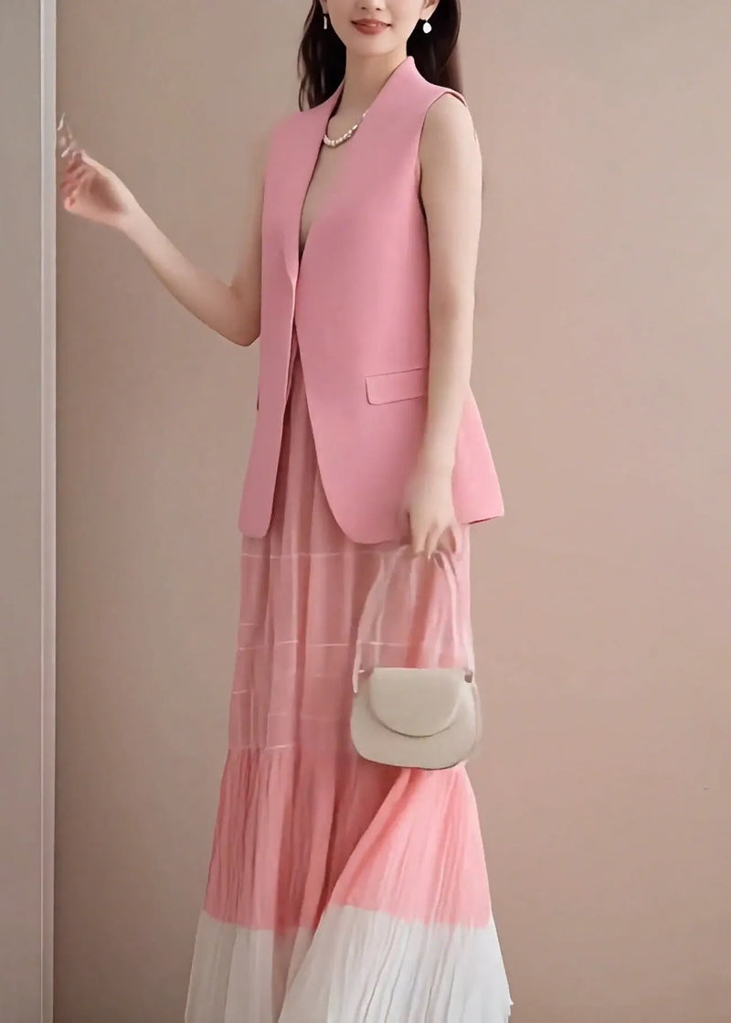 Pink V Neck Waistcoat and Wrinkled Skirts Two Pieces Set Sleeveless