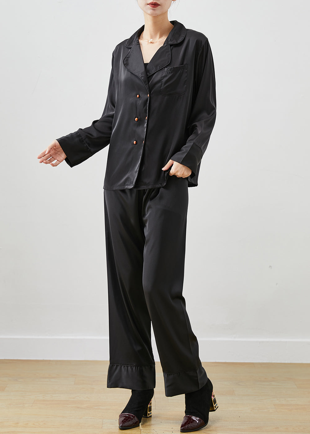 Black Peter Pan Collar Double Breast Ice Silk Two Piece Set Clothing Fall