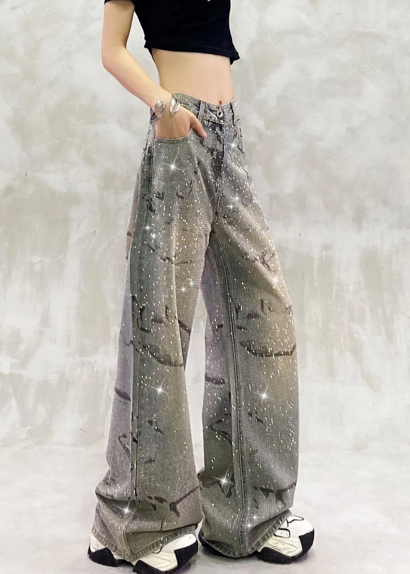 Blue Pockets Zircon High Waist Denim Pants Fall
