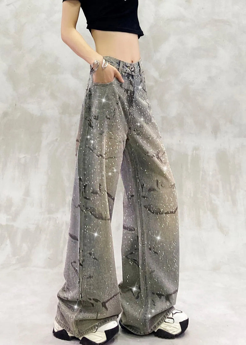Blue Pockets Zircon High Waist Denim Pants Fall