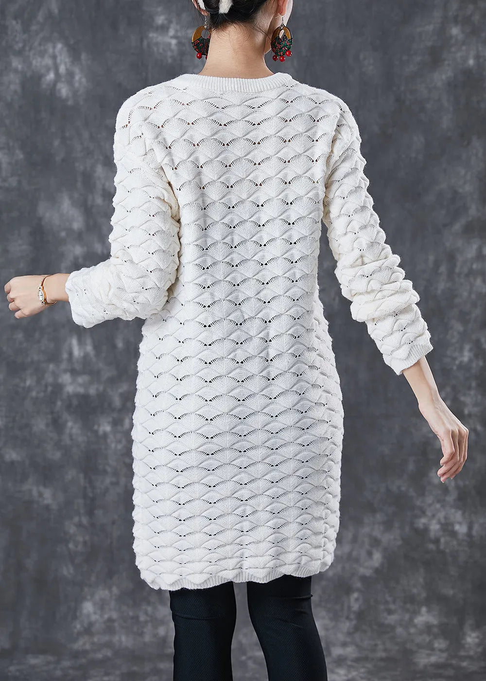 White O-neck Thick Knit Sweater Dress Winter