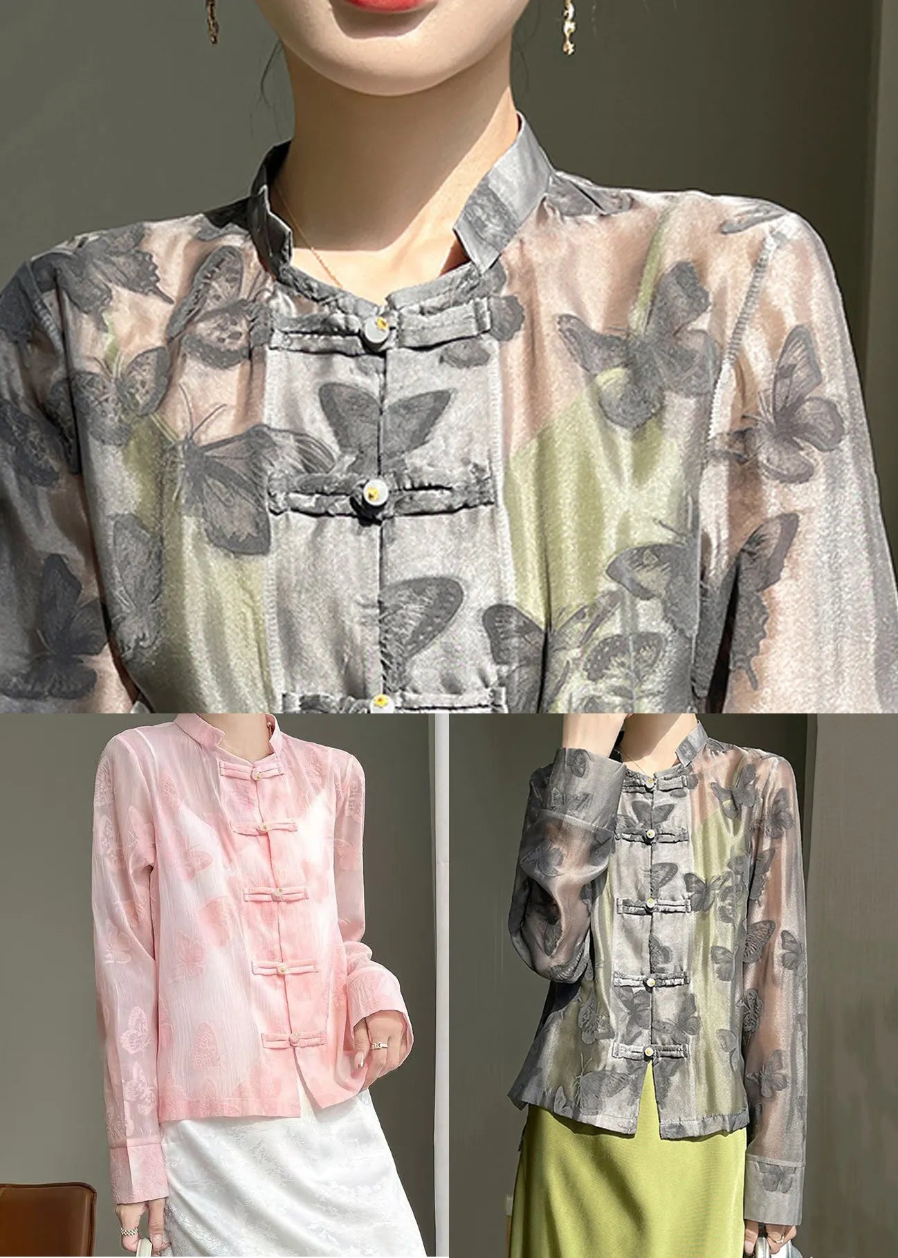 Art Pink Butterfly Button Silk Blouse Fall