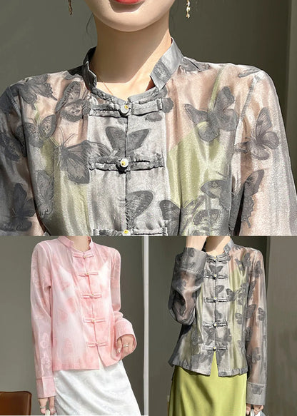 Art Pink Butterfly Button Silk Blouse Fall