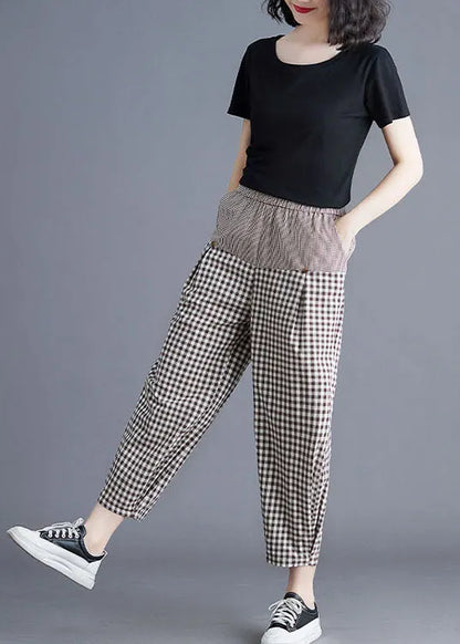 Khaki Plaid Elastic Waist Patchwork Linen Harem Pants Summer