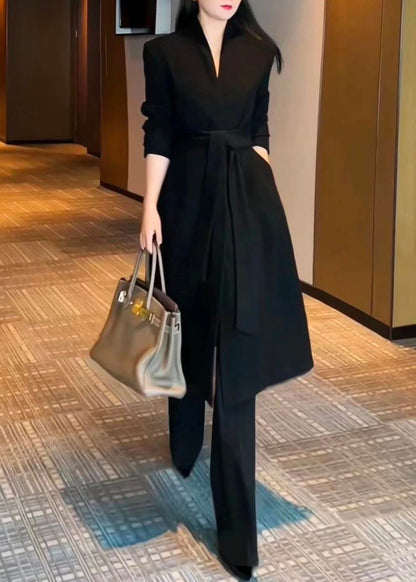 Formal Black Slim Fit Spandex Trench and Flared Trousers Two Pieces Set Spring